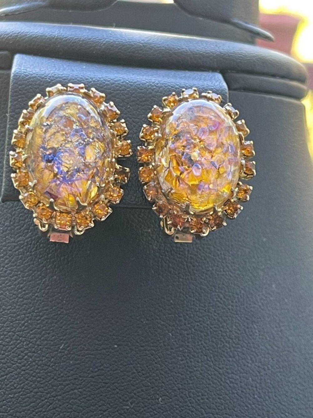 Vintage Gold-Tone Oval Clip-On Earrings With Glittery Foil Glass & Amber Rhinest